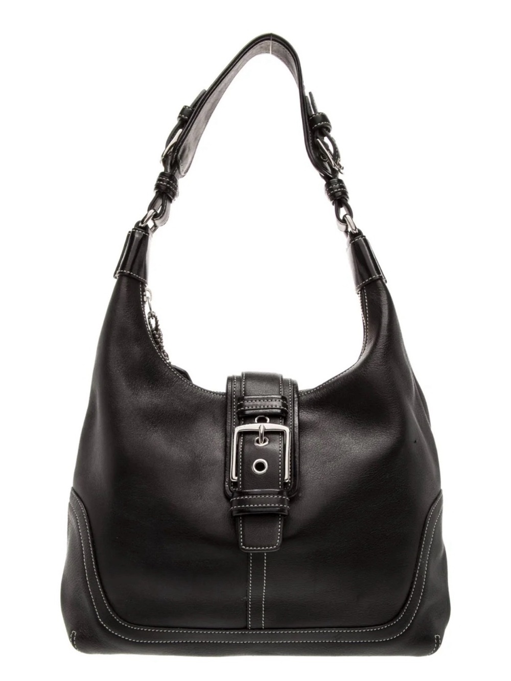 Coach Black Leather Shoulder Bag with Buckle Accent